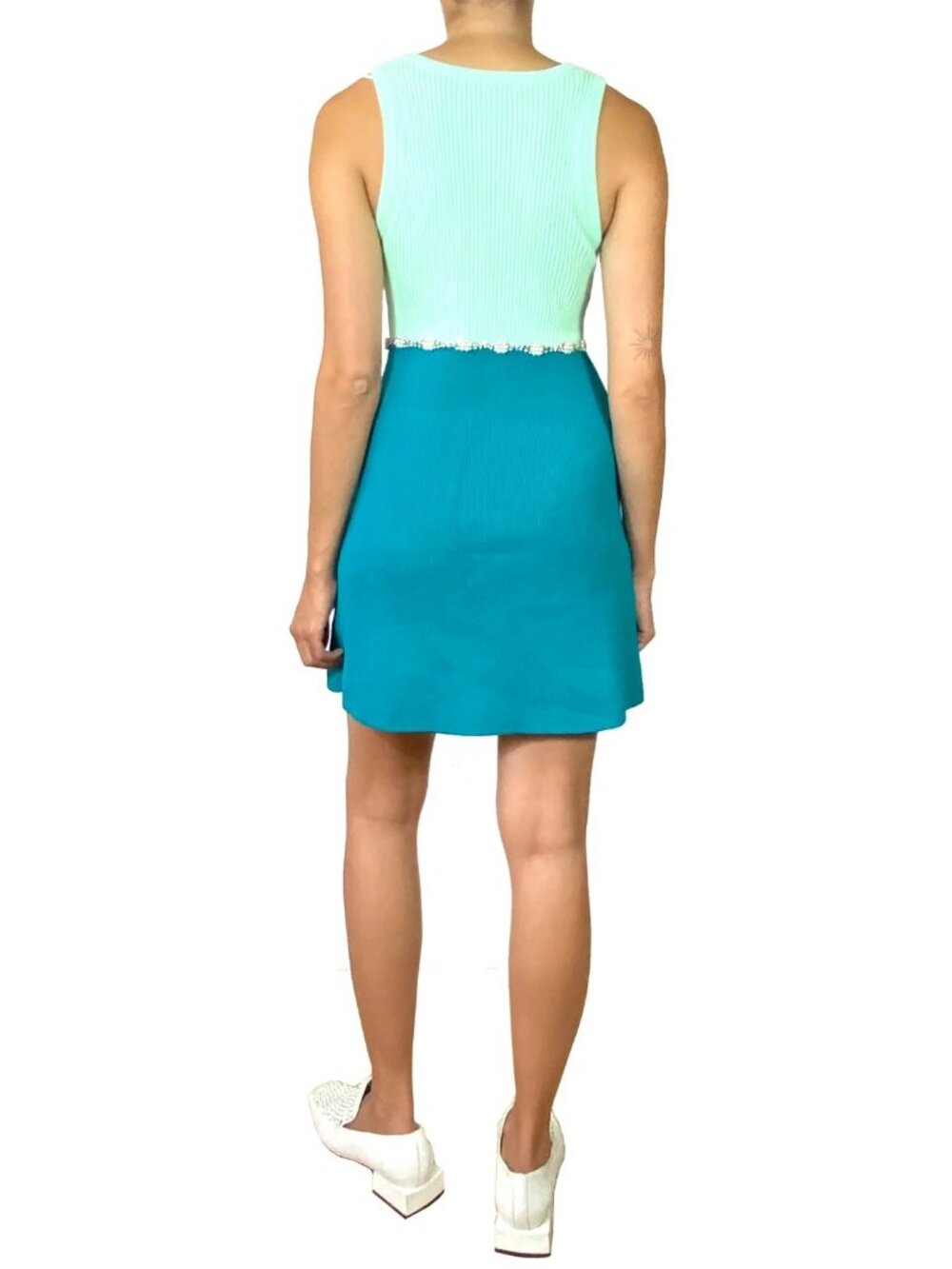 Zara Jewel Appliqué Dress Size Medium Mint Teal Sleeveless Rhinestone Pearl Trim - Picture 4 of 14